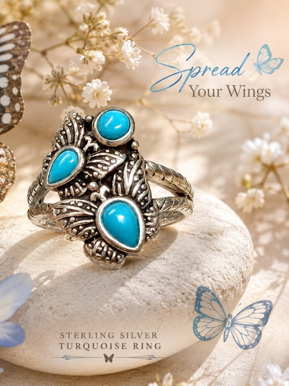 Bali Legacy Sleeping Beauty Turquoise Butterfly Ring in Sterling Silver
